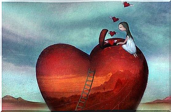 Girl climbing a heart by a ladder releasing hearts from within