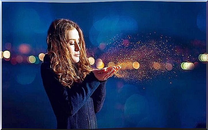 girl blowing beam of light, creating bridges