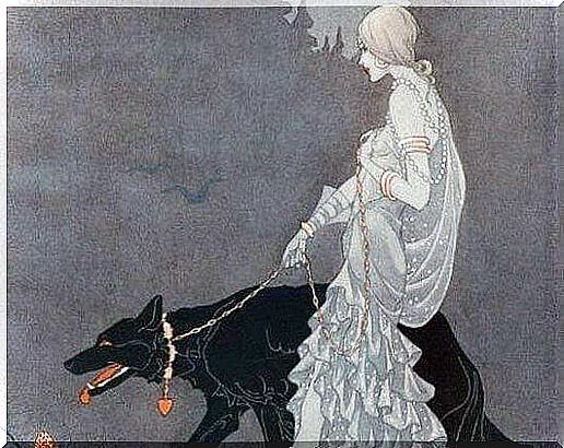 Woman walking a wolf with collar