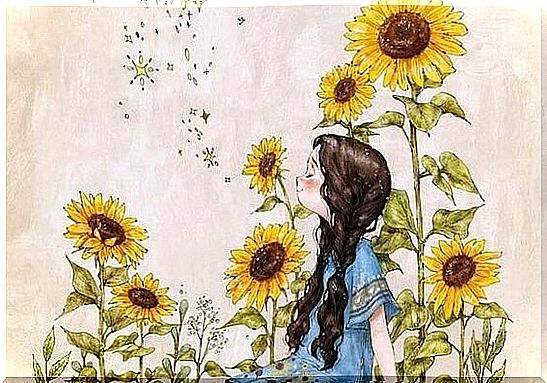 girl enjoying the light of sunflowers