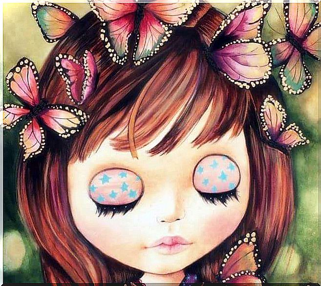 Girl with butterflies around and closed eyes