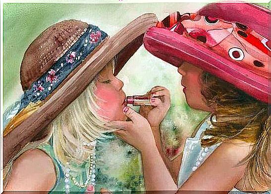 Sisters painting their lips