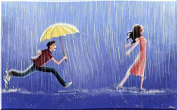 Man with an umbrella running after his girl