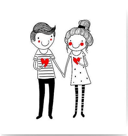 Drawing of a couple with red hearts