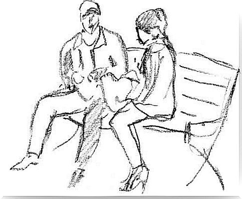 Drawing of a couple sitting on a bench