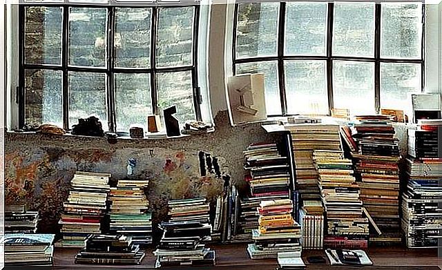 messy room with books