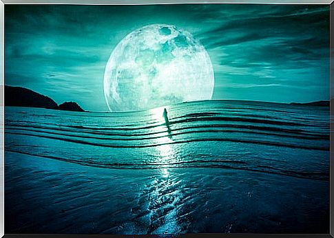 Moon with a man in the sea