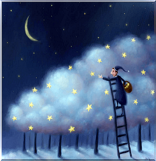 Man catching stars from a ladder